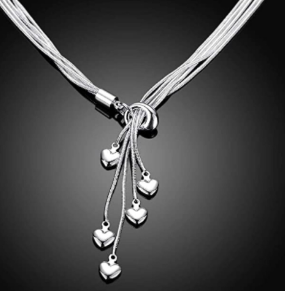 Italian Sterling Silver 5 Chains 5 Five-Heart Necklace 21.6" Heart Necklace - Picture 4 of 6